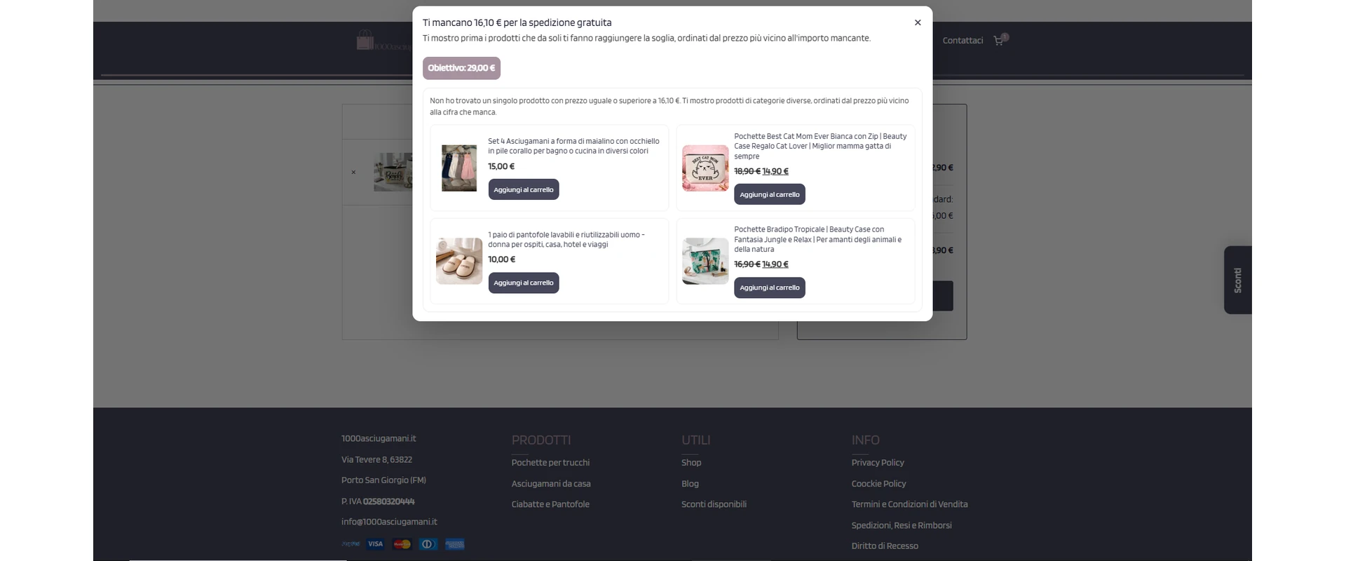 pop up prodotti consigliati per raggiungere la spedizione gratuita